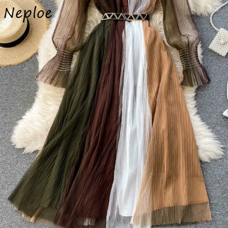

Neploe Hit Color Mesh Patch Temperament Long Dress High Waist Hip Sashes Slim A Line Vestidos Turn Down Collar Long Sleeve Robe