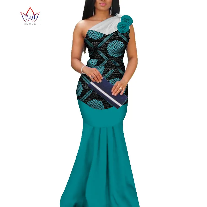 Applique African Print Long Dresses for Women Bazin Riche Mermaid Draped Style Custom Wedding Clothing WY3377 | Тематическая одежда