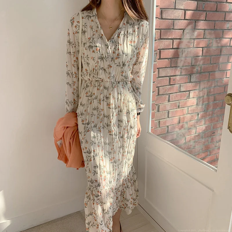

Elegant Ruched Floral Print Women Autumn Dress Sexy V-neck Full Sleeve Female Long Dresses 2021 Spring Chiffon Vestidos