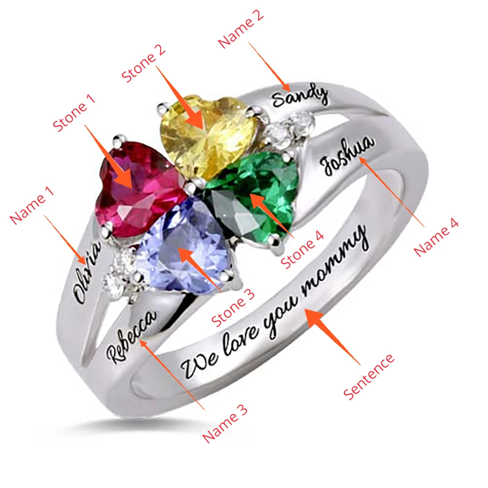 SG Personalized 925 Sterling Silver Rings Custom Heart Birthstone Ring With 2-5 Names Jewelry for women Mother day's Gift