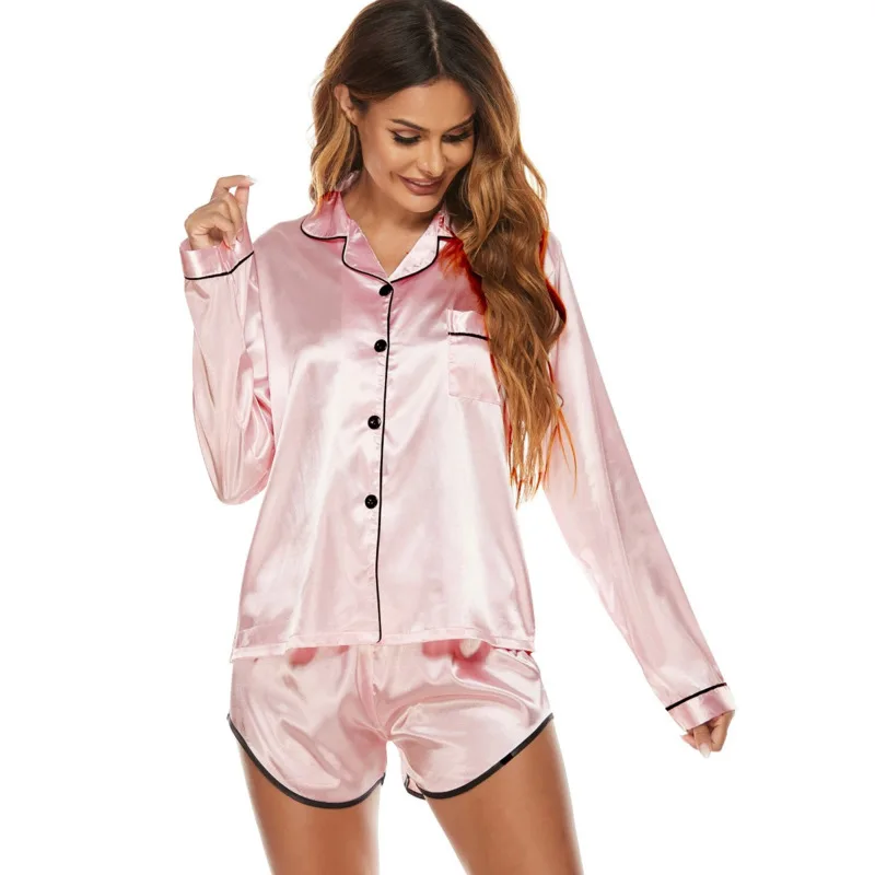 Women's Two-piece Pajamas Fashion Lapel Solid Color Button Long-sleeved Top And Solid Color Short Pants  Suit  Wm*