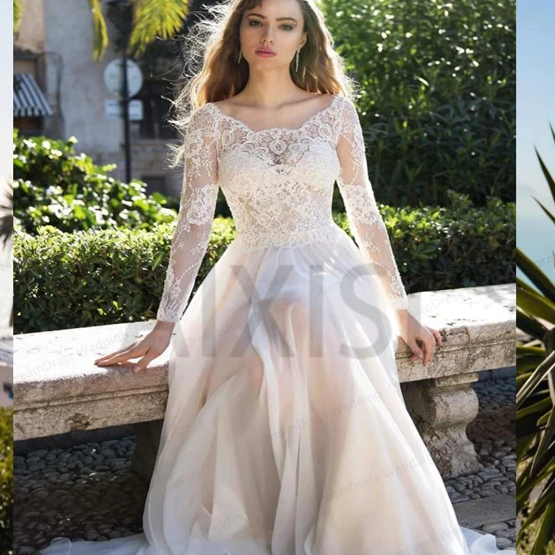 

Jasmine Wedding Dress Scoop Neck Illusion Full Sleeve Open Back A-Line Bride Vestido Appliques Chiffon Elegant Robe de mariee