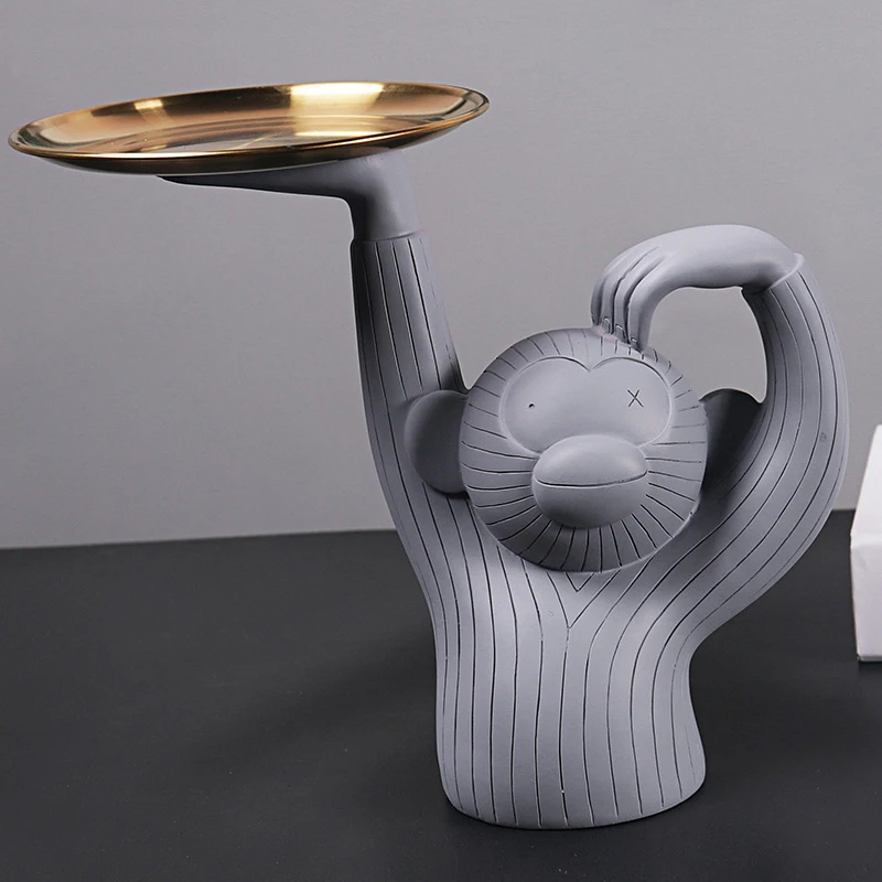 

Monkey Figure Ornament Holding A Tray for Key Funny Animal Resin Art Snack Holder for Candy Home Porch 24*24.5*9.5cm YG