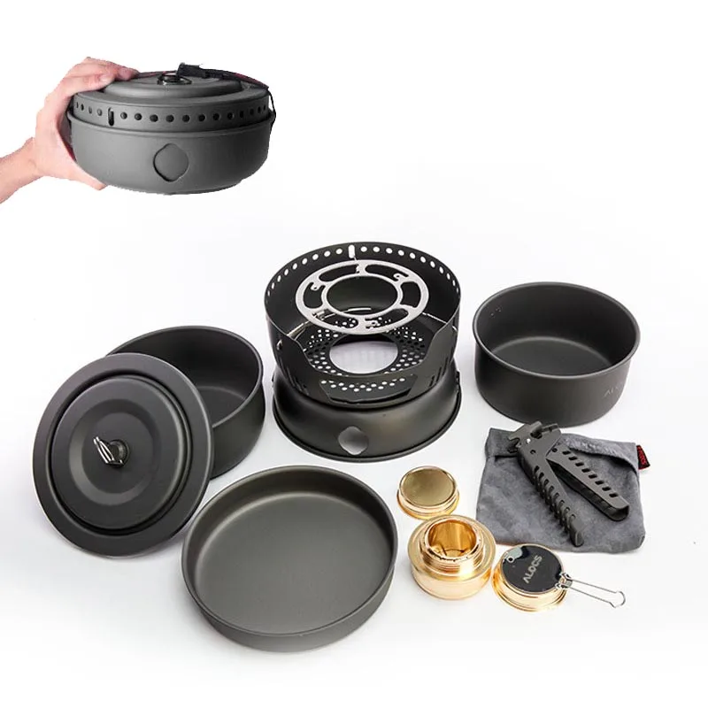 

10PCS Stainless Steel Cookware Alcohol Stove Set Portable Outdoor Camping Cycling Hiking Picnic Cooking Pot Bowl Pan 2-4 Person