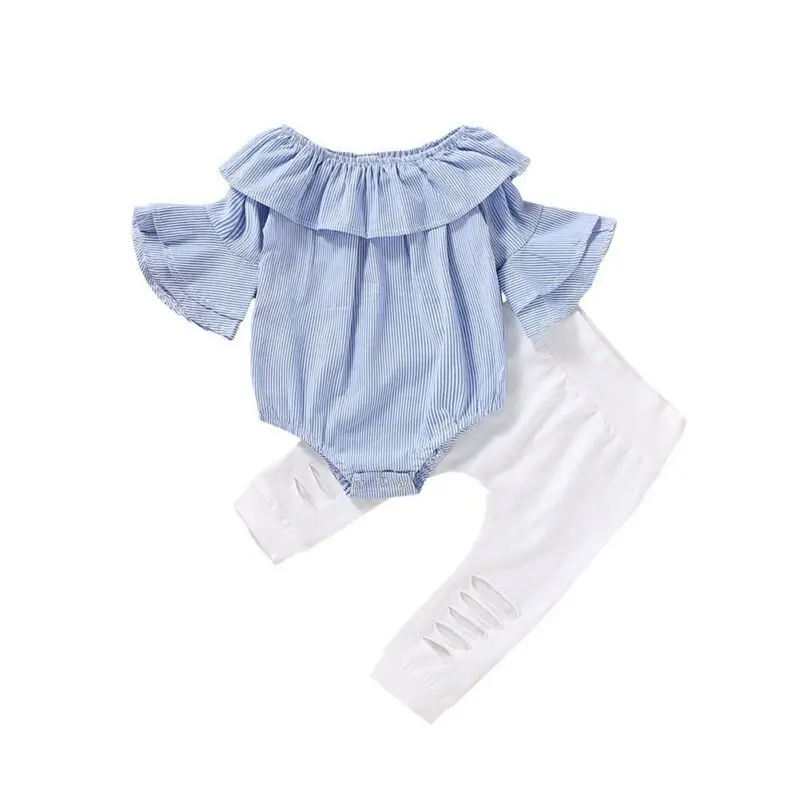 

Dropshipping 0-18M Toddler Baby Girl Clothes Sets Blue Striped Long Sleeve Tops Romper Pants Outfits Clothes Children's Clothing