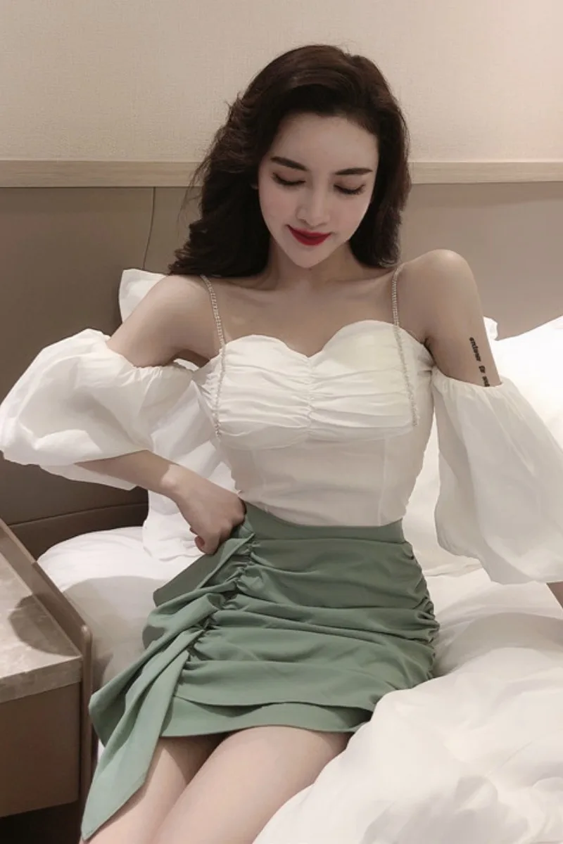 

2020 Summer New Solid Puff Sleeve Sexy Strapless Short Top + Ruffles Mini Skirt Two Piece Set Women Outfits