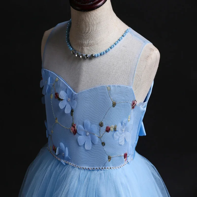 

Flower Girls Dresses Appliques Crystal Pearls Embroidery Tulle Sleeveless O-Neck Knee-Length Green Kids Party Princess Gown F283