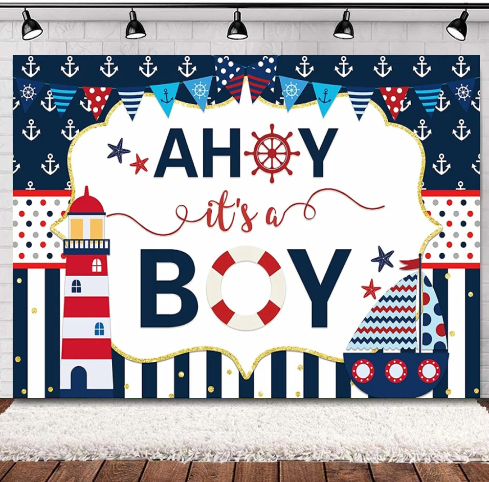 

Boy Nautical Baby Shower Photography Backdrop Marine Lighthouse Voyage Boat Party Banner Decorations 1st Birthday Background