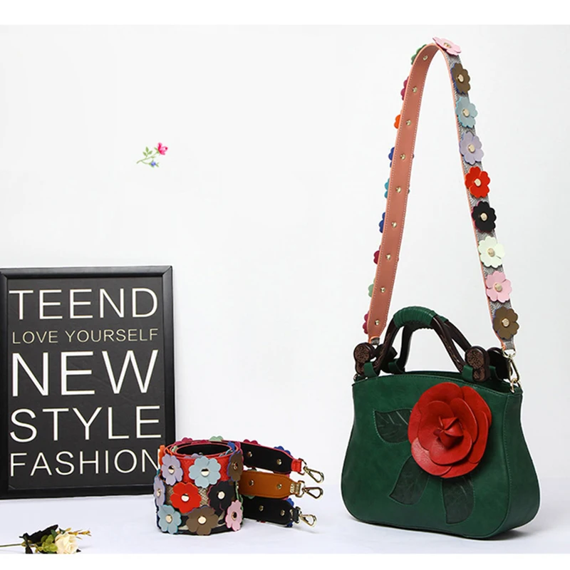 Fashion Genuine Leather Shoulder Strap Colorful Flower 3D Design Bag Strap Women handbag strap for Bag Accessories Bag Handle