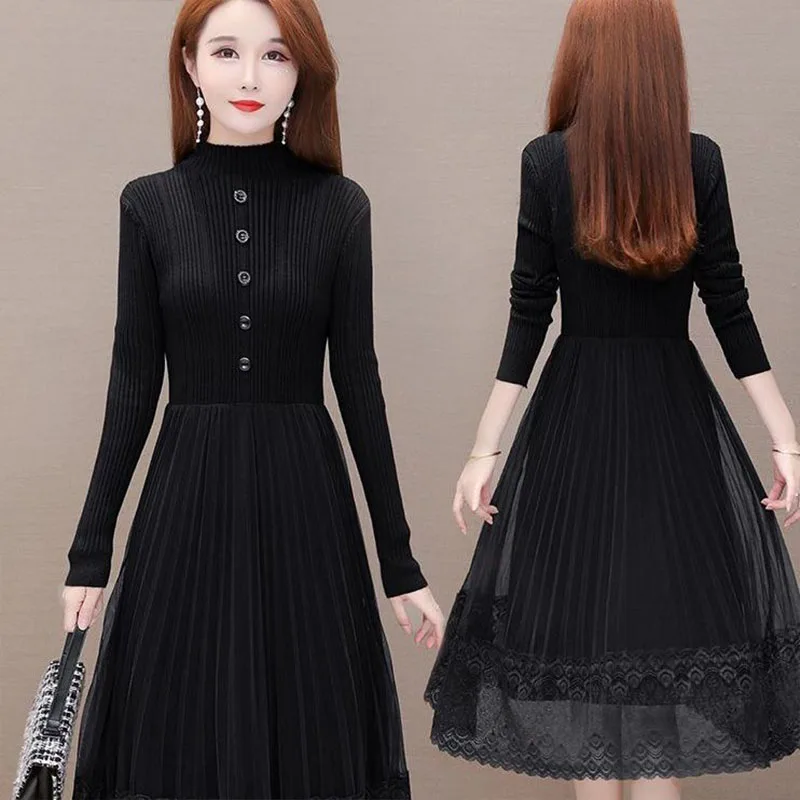 

Women's Spring Autumn Style Dress Women's Long Sleeve Solid Color Turtleneck Button Knitted Lace Elegant Dress SS3742