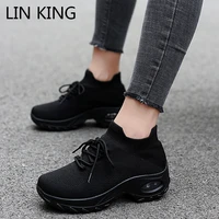 lin king plus size women casual shoes breathable walking mesh wedges shoes fashion lace up sneakers gym vulcanized tenis shoes
