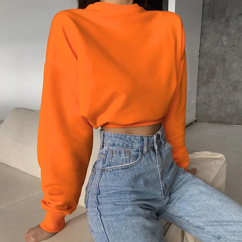 

Autumn And Winter Short Solid Color Long-sleeved Sweatshirt Fashion Street New Casual All-match Pullover Simple Wn*