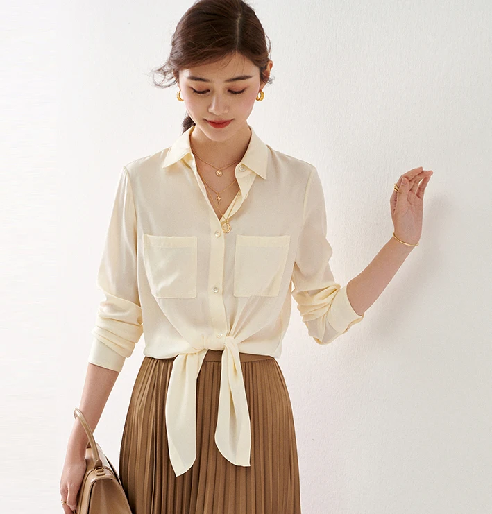 Женская однотонная блузка из 92% шелка с отложным воротником и длинными рукавами