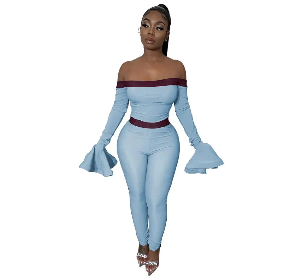 light blue jumpsuits Adogirl/модное сексуальное боди на лямках с открытыми плечами и расклешенными рукавами; Облегающий комбинезон с вырезом лодочкой; повседневный комбинезон; клубный наряд - Цвет: light blue jumpsuits