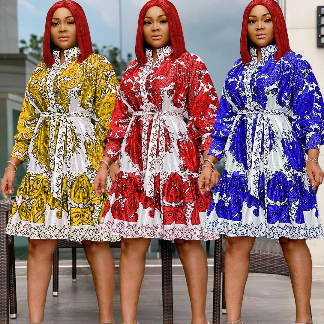

2021 autumn fashion women's printed bandage large dress