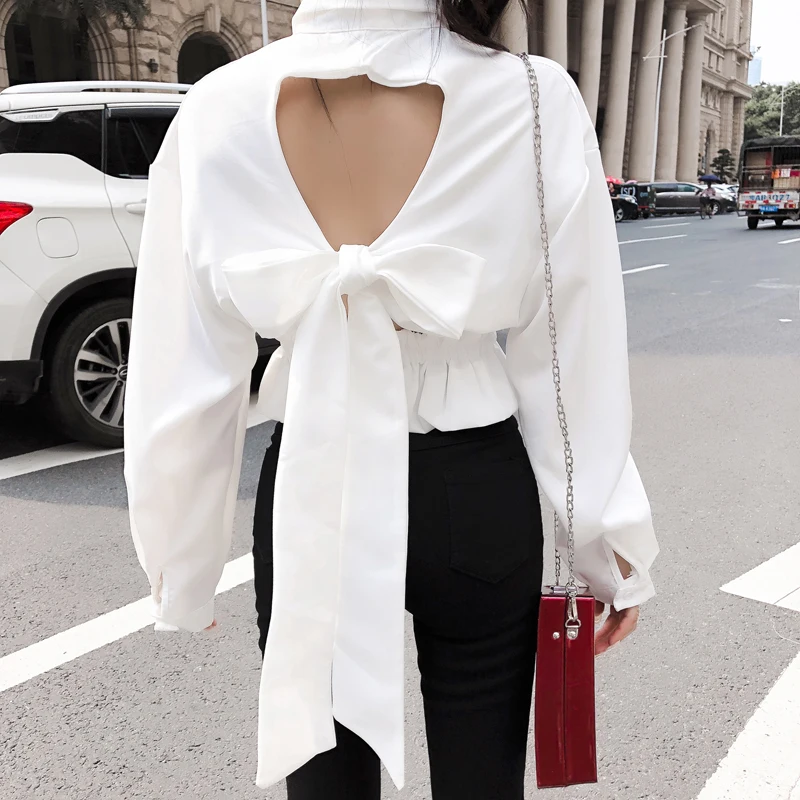 

Vetement Femme Moda Feminina Blusas Autumn Women Long Sleeve Blouses Backless Shirts Bow Crop Tops Korean Fashion Clothing New