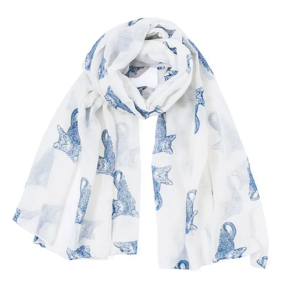 Женский длинный шарф с принтом кошки серый или темно-синий теплый шарф-шаль