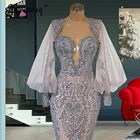 Женское кружевное платье-макси с юбкой-годе, длинное вечернее платье с рукавами-фонариками и глубоким V-образным вырезом, серебристого цвета, для свадебной вечеринки