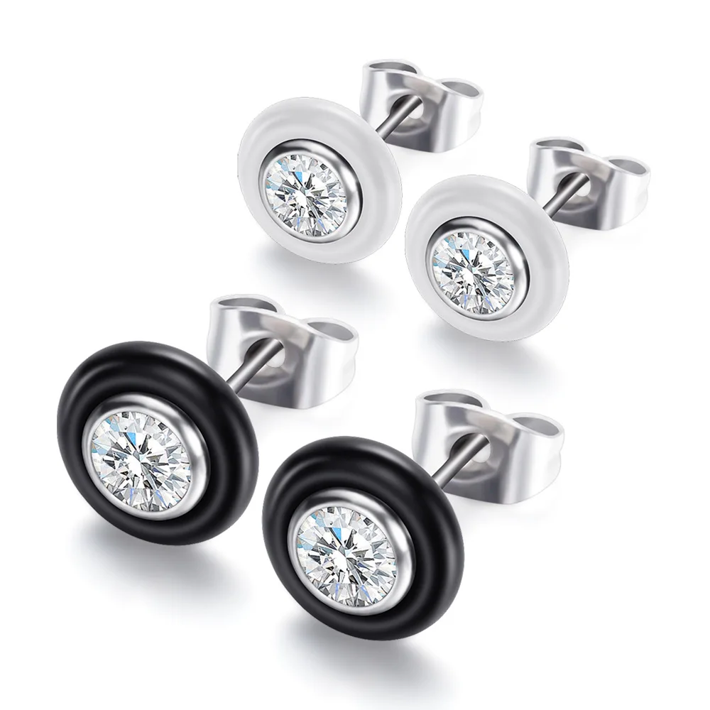 

2021 Summer New Earrings, 9.37mm Wide Black and White Ceramic Inlaid Zircon Simple Party Titanium Steel China Earrings