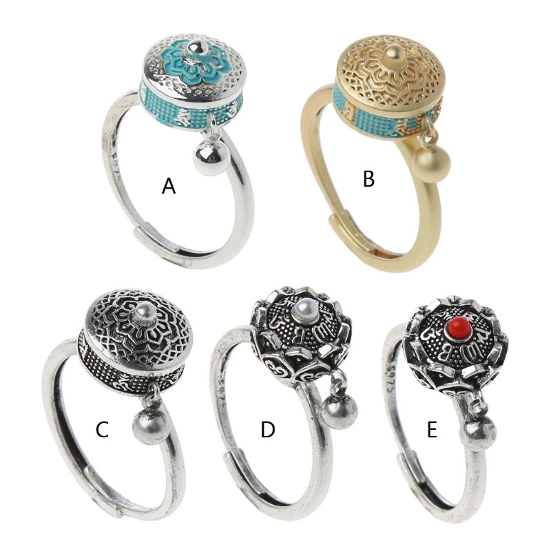 

Rotating Rings Buddhist Tibetan Prayer Wheel Ring OM Mantra Finger Ring Good Luck Lotus Floral Enamel Rotating Ring Band