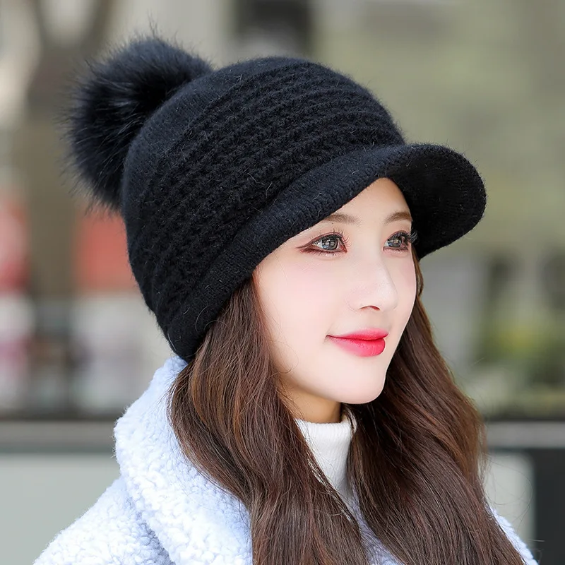 

Women Baseball Cap Winter New Pure Color Arrows Stripe Rabbit Hair Knitted Hats Leisure Plus Velvet Keep Warm Caps