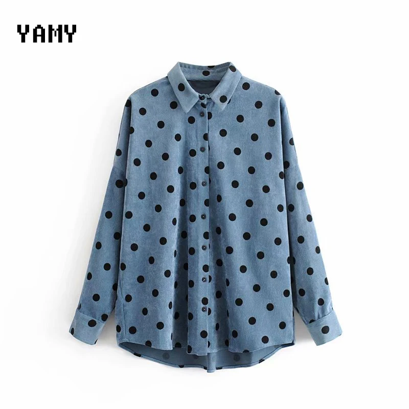 Женская Вельветовая блузка в горошек зимняя повседневная утепленная синяя с