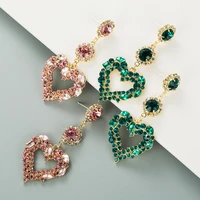 classic long korean earrings crystal heart hollow bling rhinestone green drop earrings for women fashion jewelry party gift