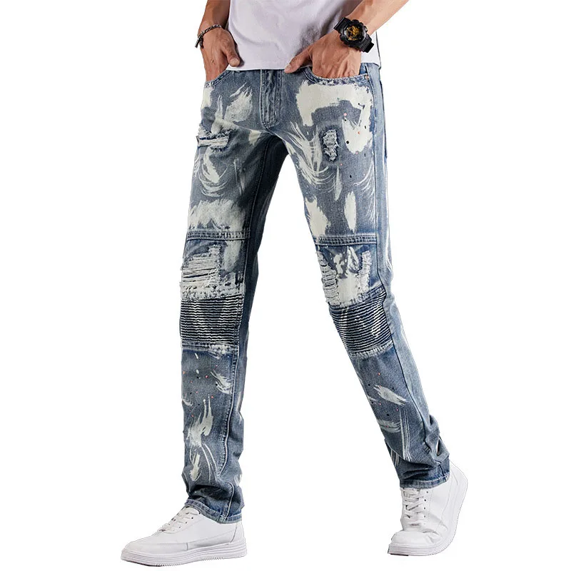 

Hip Hop Men Ripped Destroyed Jeans Pants With Holes Slim Fit Denim Trousers Male Streetwear Patchwork