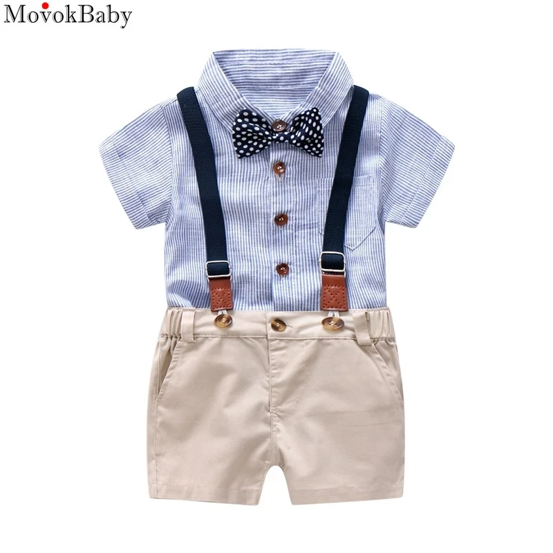 

Children Boy Bow Tie Clothes Suit For Baby Boy Gentleman Summer Sets Toddler Blue Striped Rompers+ Khaki Shorts Suspender Pants