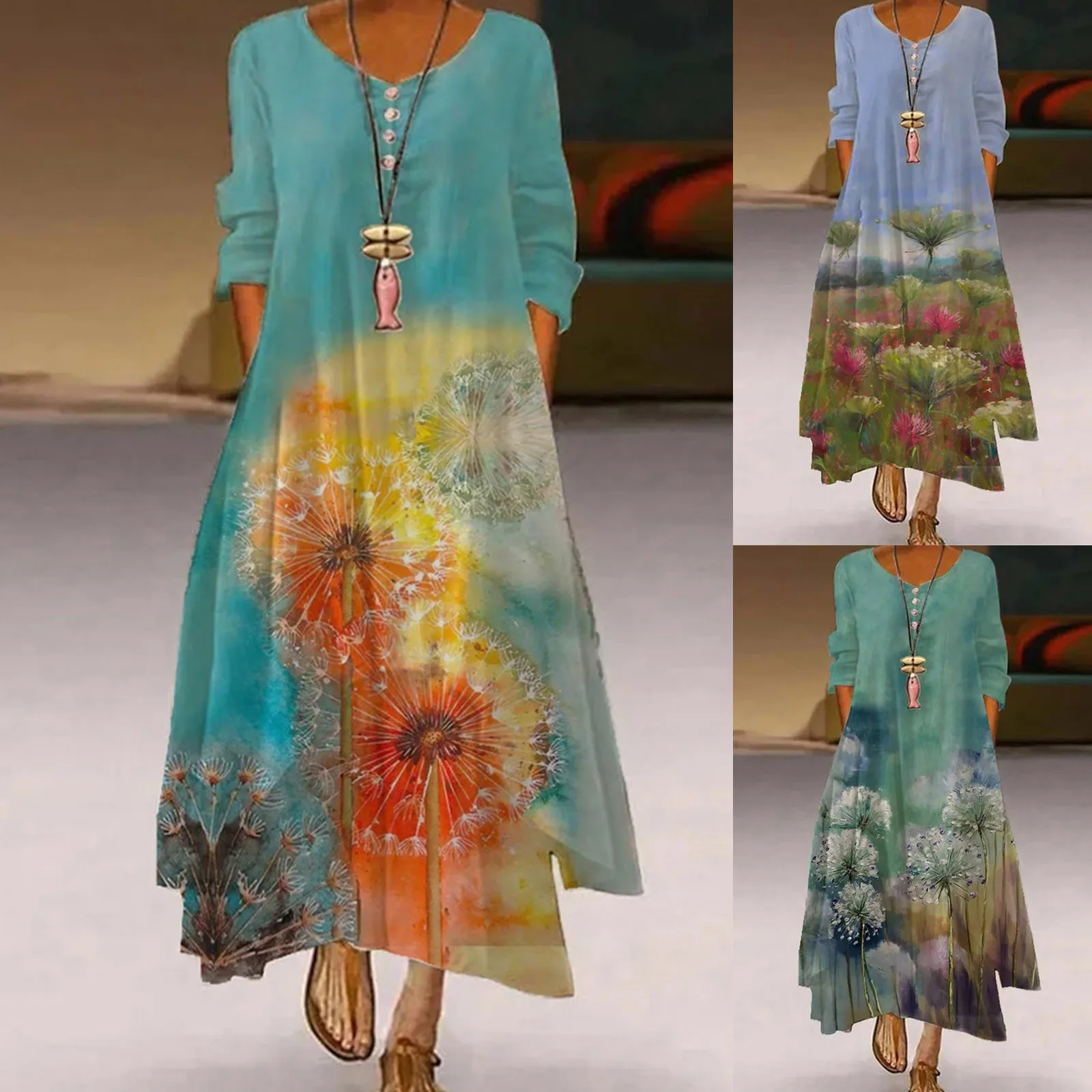 

Dress Women Summer Plus Size Print Daily Casual Long Sleeve Vintage Bohemian O Neck Dress Vestidos De Mujer