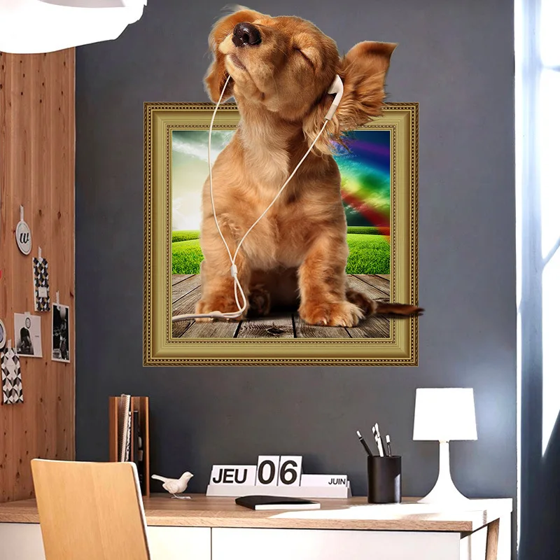 

Puppy Dog Listening To Music 3d Fake Window Vinyl Wall Art Mural Stickers Home Nursery Decoration Cute Doggy Wallpaper