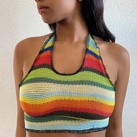 2021 summer sexy contrast color slim knit crop tops hanging neck sleeveless sexy tank tops female