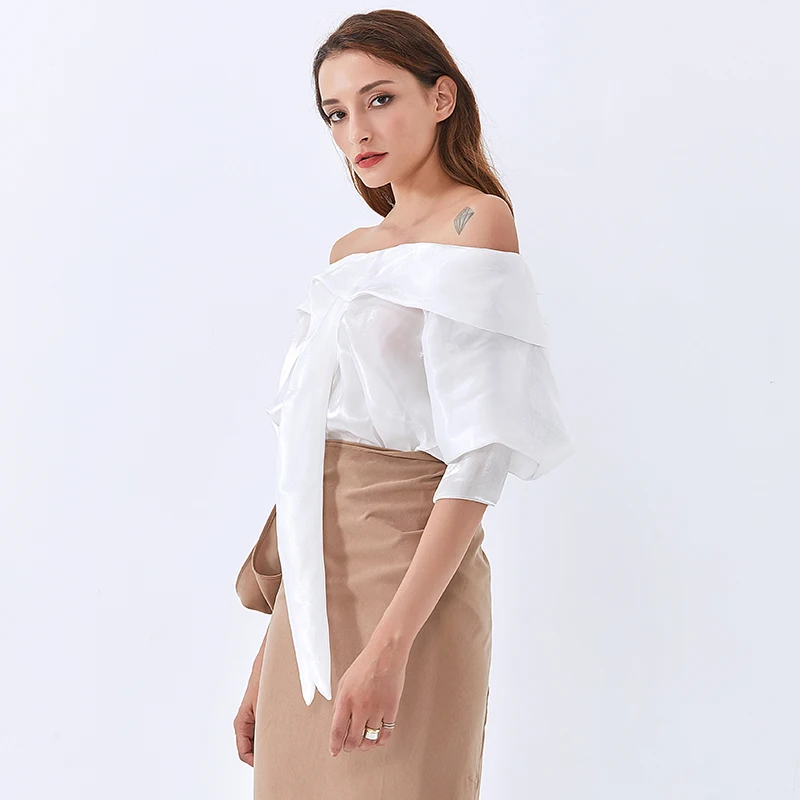 

CHICEVER Temperament Shirts For Women Slash Collar Lace Up Batwing Sleeve Casual Loose Sexy Blouses Female Fashion 2020 New Tide