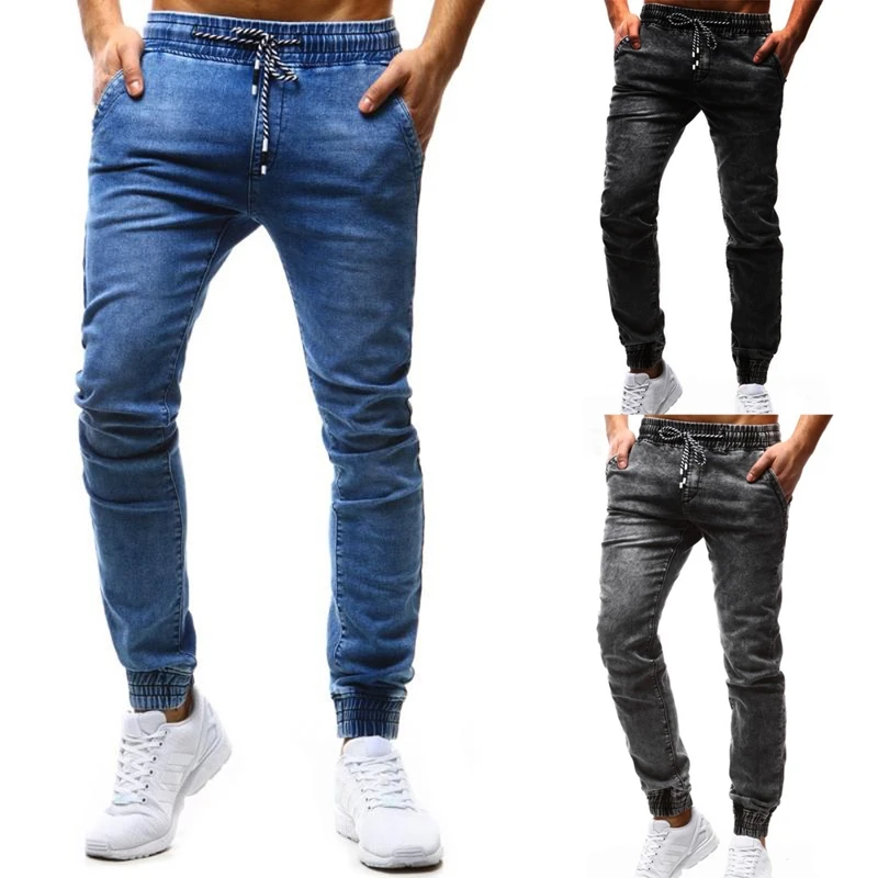 Мужские джинсы из денима, однотонные свободные брюки с эластичной резинкой, подгонка карандаша, весна-осень 2021