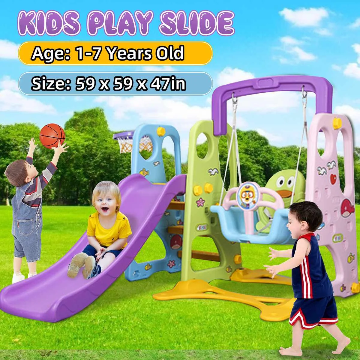 

3 In 1 Kids Swing and Slide Set with Basketball Hoop Fun Slide Set Toy Swings for Indoor Outdoor Children Playground Combination