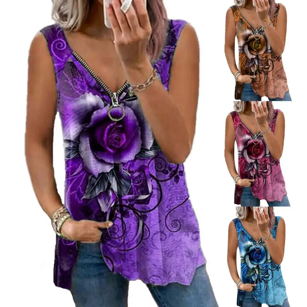 

Summer Stylish Rose Print V Neck Top Vest Top All Match for Office