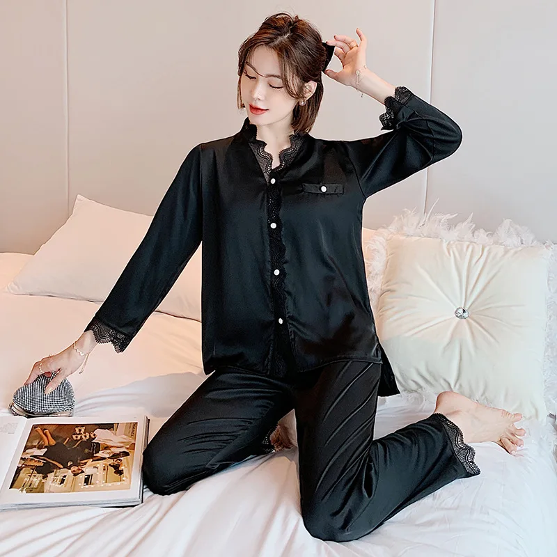 2021 New Spring Autumn Women's Pajamas Lace Sexy Nightwear Long Sleeve 2Pcs Home Suit Solid Color Cardigan Suit Korean Version