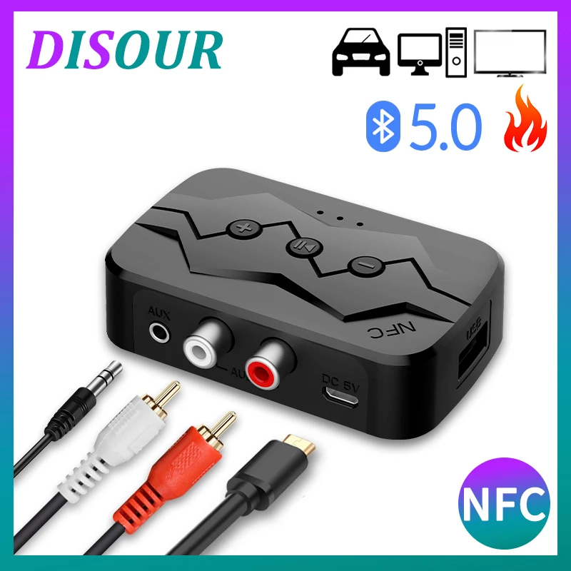 

NFC Bluetooth 5.0 Audio Adapter 2 IN 1 Wireless Transmitter Receiver 3.5MM AUX RCA USB TF U-Disk PlayBack With MIC For Car TV PC