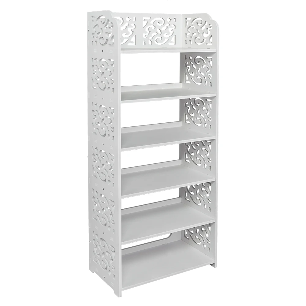 6-Tiers Carved Shoe Rack Wood-Plastic Board Storage Shelf Waterproof Damp Proof White 42x24x96.5CM[US-Stock]