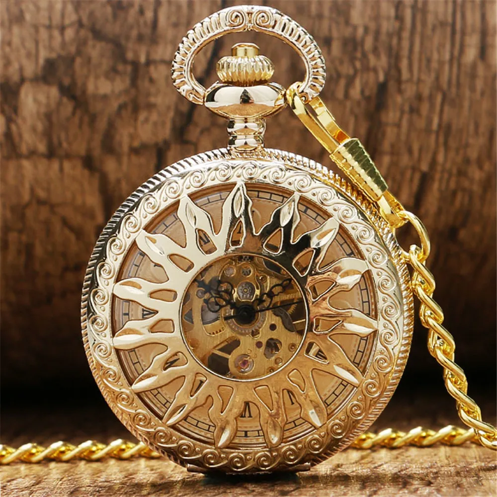 Hollow Sun Pattern Bronze/Gold/Black Mechanical Hand Winding Pocket Watch Male Pendant Clock Exquisite Antique Timepiece Gifts