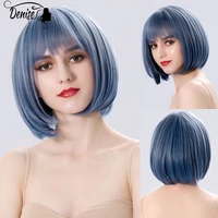 short straight blue natural daily colored hair synthetic wigs for white women with bangs heat resistant cosplay%c2%a0 fiber bob%c2%a0 wig