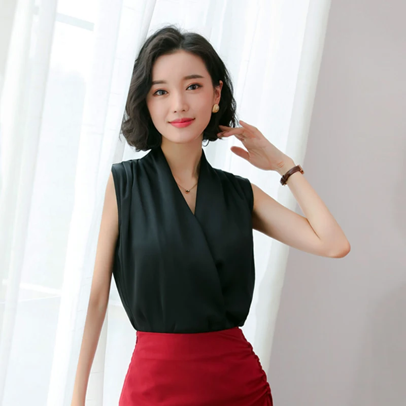 Блузка женская однотонная без рукавов свободная рубашка для работы офисный Топ