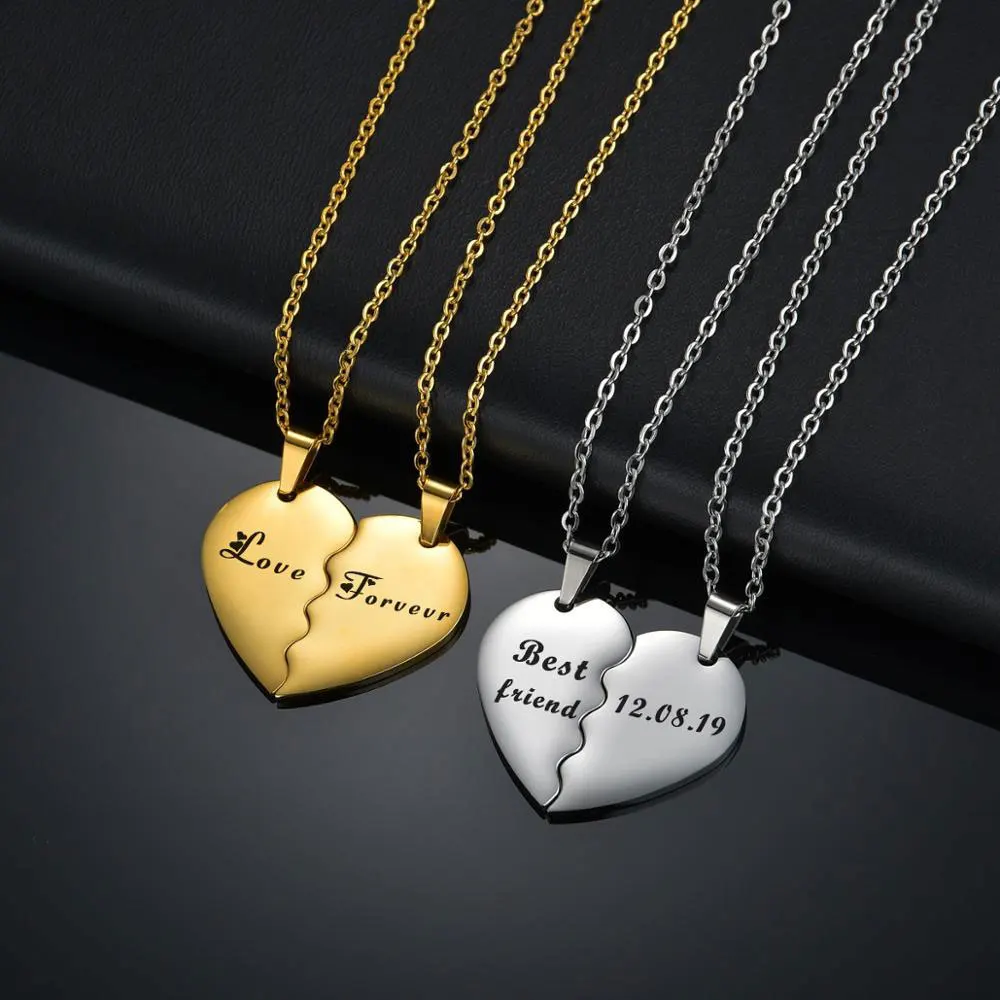 

Engraved 2 Pcs/Set Heart Couple Pendant Personalized Nam Date Lucky Number Stainless Steel Necklace For Women Men Jewelry Gifts