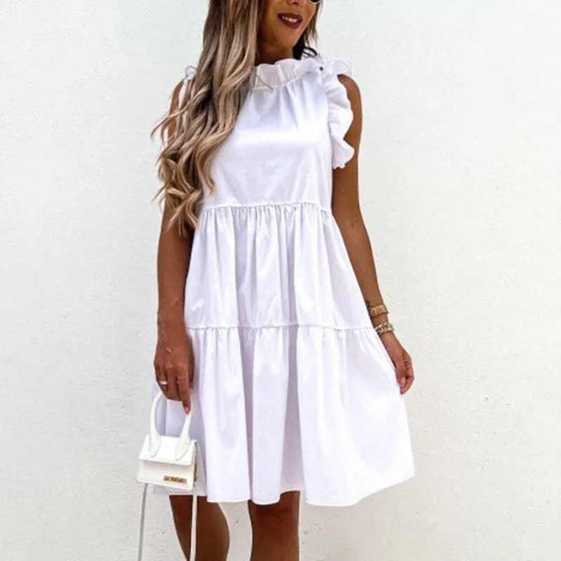 

2021 Vintage Ruffle Solid Women Summer Dress Sexy Sleeveless Loose White Mini Dresses Casual A-Line Princess Party Dress Vestido