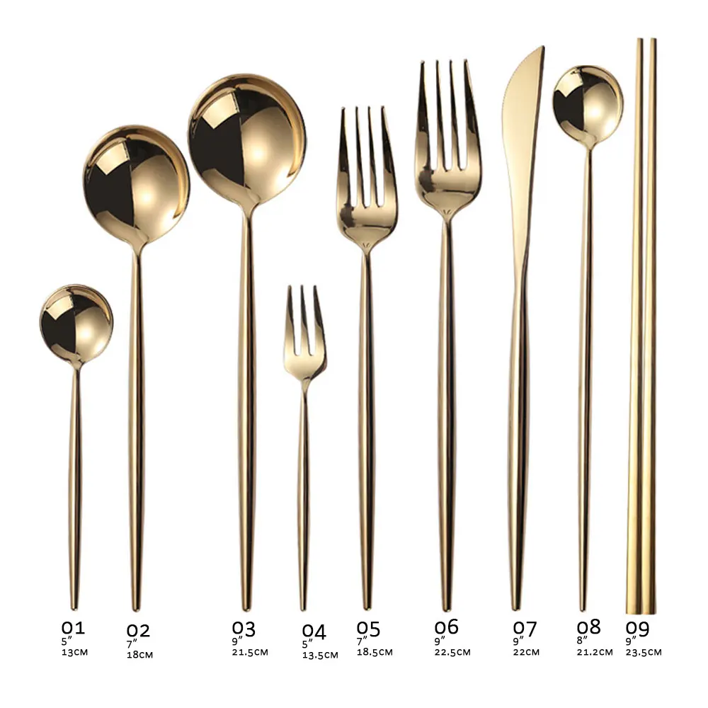 

9pcs Volume Sale Portuguese Style Polished Gold Cutlery Dinner Set Dishe Knives Forks Spoons Kitchen Dinnerware Stainless Steel