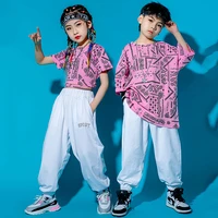 children modern dance clothes girls hip hop clothing fashion printed pink tops loose pants summer stage costume rave wear bl5960