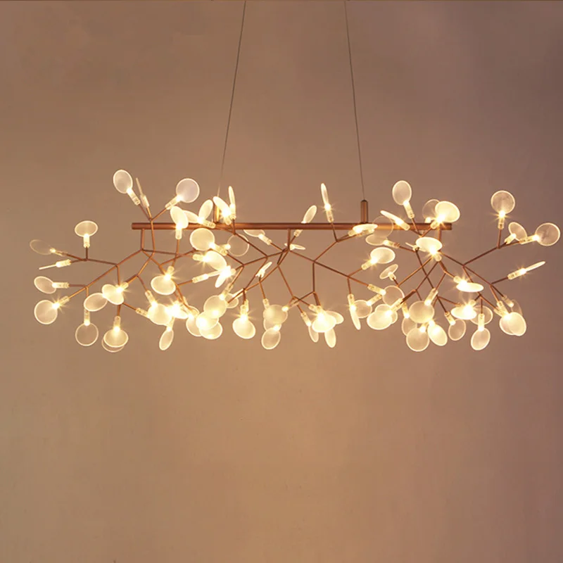 

Modern creative firefly leaf chandelier dining room living room Nordic coffee shop long chandelier