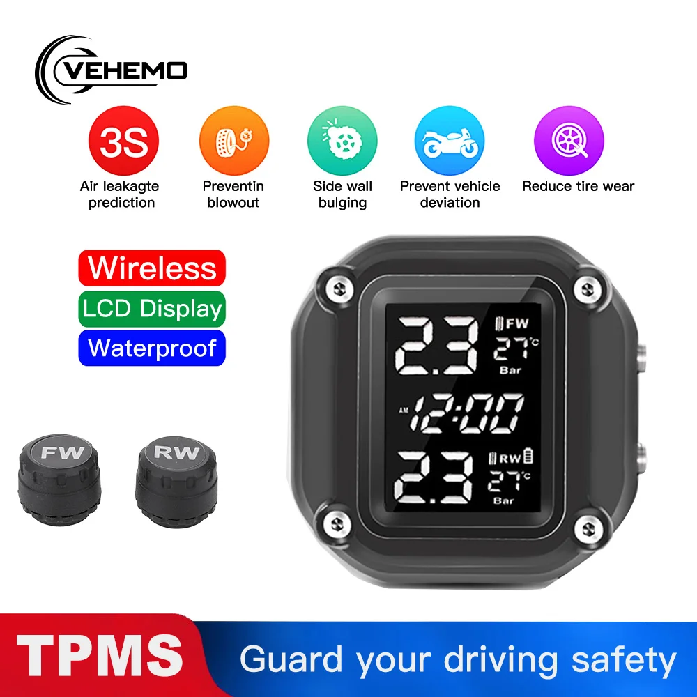 

Motorcycle TPMS Magnetic Charging Tire Pressure And Temperature Monitoring System DC5V LCD Color Screen 2Pcs External Sensor