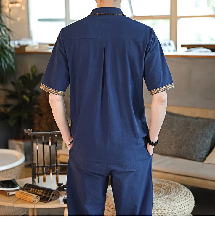 

Summer Mens Linen Shirt Sets Male Streetwear Jogger Sweatsuits Shirts+Long Pants Chinese Tracksuit for Men Pieces Set