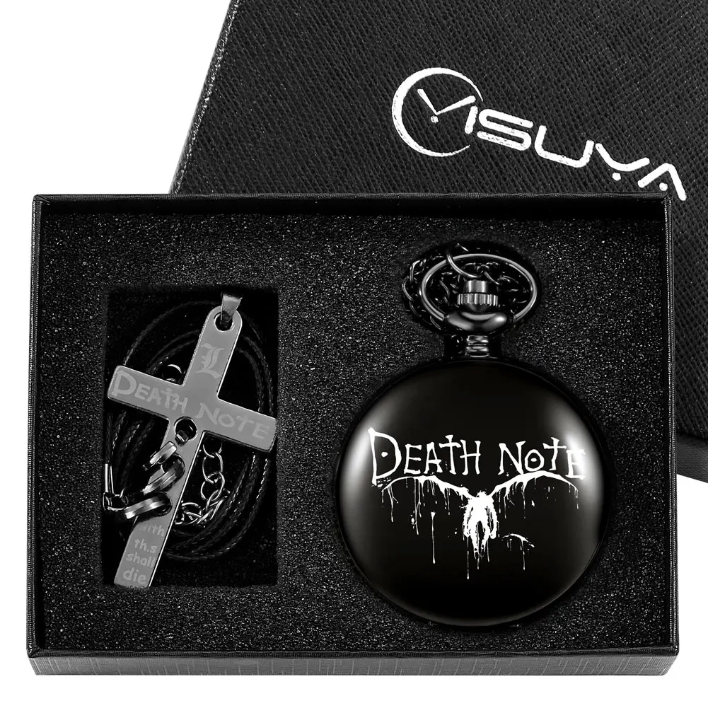 Classic Black Pocket Watch Set Boys Quartz Clock Pendant Exquisite Men's Necklace Accessories Birthday Gift Box for Boyfriend